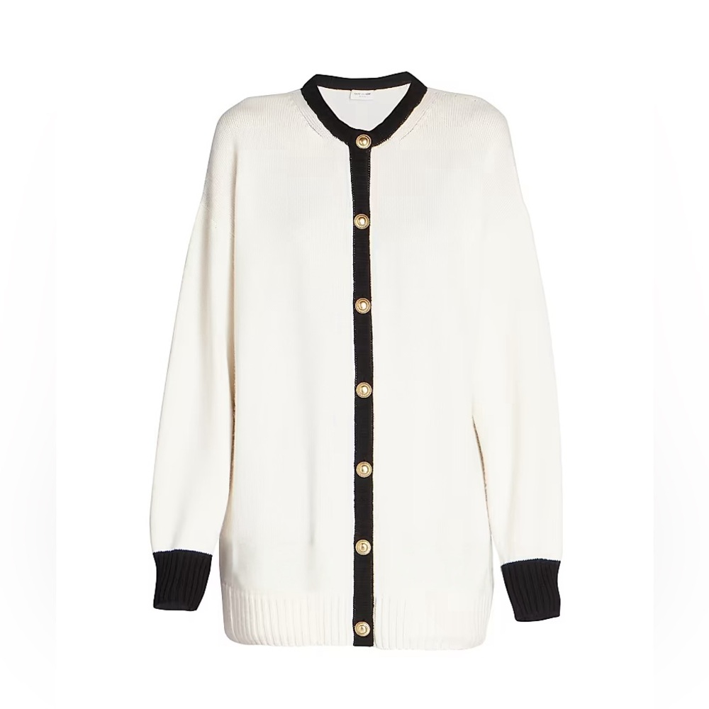 Decorative Gold Tone Buttons Black White Long Sleeve Cardigan Size 8/10 Large